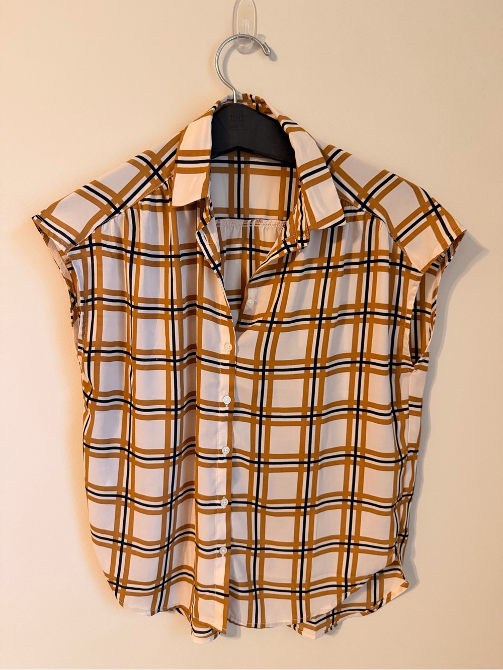 Loft Plaid Button-Front Short-Sleeve Shirt - White & Mustard